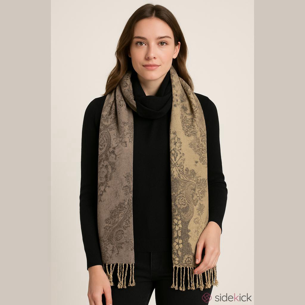 100% Pashmina Scarf Wrap Shawl Black Gold Paisley Jacquard Fringe Boho 27x70